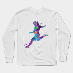 Girl Soccer Player Shooting Pose Watercolor Long Sleeve T-Shirt